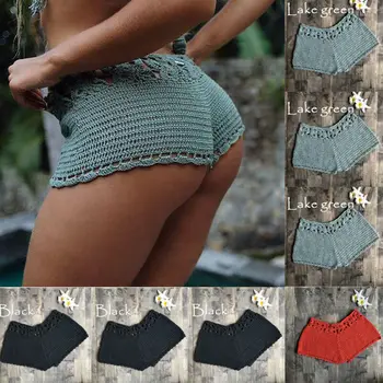 Moterų Boho Mezgimo Nėrimo Šortai Beach Sexy Tuščiaviduriai Iš Aukšto Juosmens Šortai Ponios Vasaros Atostogų Kietas Slim Mini Trumpas Dugnas