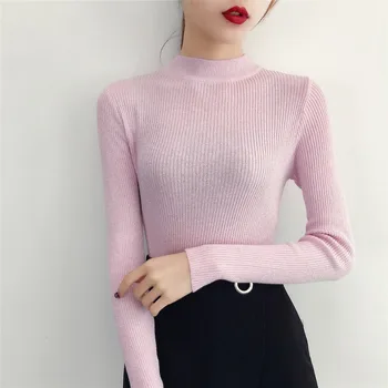 Gkfnmt Blizga Lurex Rudens Žiemos Džemperis Moterims Ilgomis Rankovėmis Megztinis Pagrindinio Megztiniai Moterims 2018 Korėjos Stiliaus Megztiniai Rožinė Viršūnes Femme