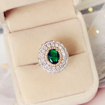 Mados royal Luxury Derliaus Ovalo formos Žalios Akmens Žiedas, Nėriniai pusėje Dvigubas Aukso Spalvos Kubinis cirkonis Nutiesti Nustatymas Moterys Šalis Papuošalai
