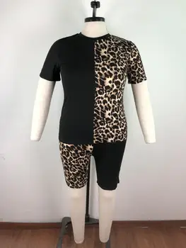 Adogirl Leopard Kratinys Dviejų dalių Rinkinys, Plius Dydis XL-5 XL Atsitiktiniai trumpomis Rankovėmis Marškinėliai Trumpas Namuose Kostiumas Naujas Mados Tracksuit