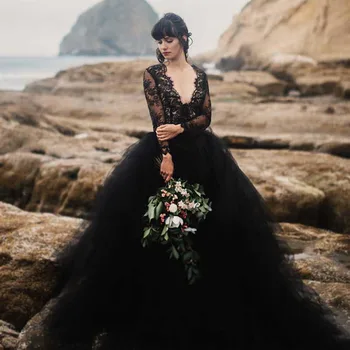 Gotikos Nuotaka Dizaino Juodos Vestuvių Suknelės, Nėriniai ilgomis Rankovėmis V-Kaklo, Atvira Backless Linijos Derliaus Vestuvinės Suknelės vestido de noiva