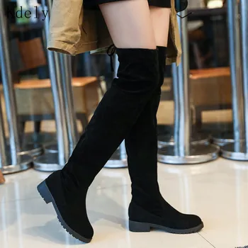 Naujas Seksualus batai Per kelius siekiantys batai, moteriški žieminiai batai skyriuje 2019 plokščiadugnis su padidinta high-low elastinga batai