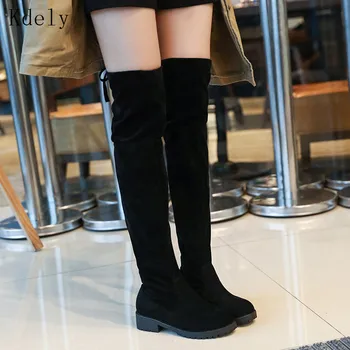Naujas Seksualus batai Per kelius siekiantys batai, moteriški žieminiai batai skyriuje 2019 plokščiadugnis su padidinta high-low elastinga batai