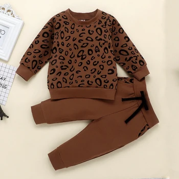 Mergaičių drabužių pavasario rudens dviejų dalių mados leopardas spausdinti ilgomis rankovėmis megztinis, striukė + kelnės 0-4years Beibei kokybės drabužiai