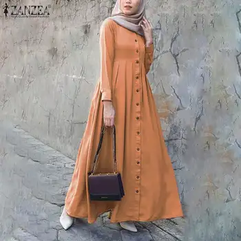 2021 M. Rudenį Ilgomis Rankovėmis Mygtukų Žemyn Sundress Moterų Musulmonų Dubajus Abaja Turkija Suknelė, Hijab Islamas Drabužių Abayas Maxi Vestidos
