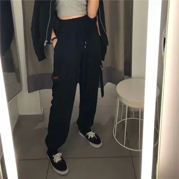 Streetwear Krovinių Kelnės Moterims Atsitiktinis Poilsiu Juoda Aukštos Juosmens, Palaidi Ponios Hiphop Kišenės Pants Plus Size