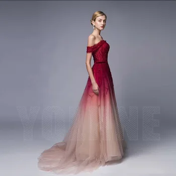 Couture Raudona Gradientas nuo Peties vakarinę Suknelę Tiulio Kristalai Granulių Oficialų Vakare Chalatai Red Carpet Dress YQLNNE
