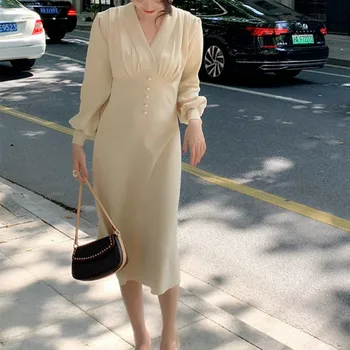 Retro Megzti Suknelę Moteris Rudenį Elegantiškas Dizaineris Midi Suknelė Fmelae Atsitiktinis Slim prancūzijos korėjos Mygtuką Rudenį Suknelės Moterims 2020 m.