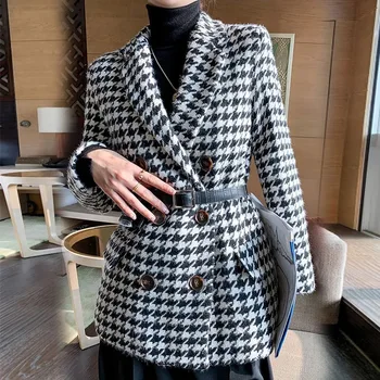 Žiemos striukė nauja korėjos versija su juosmens krepšys houndstooth vilnoniai paltai kostiumas storas ir purus