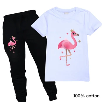 Harajuku Vaikams Drabužių Flamingo Spausdinti Mergina T Marškiniai ir Juodos Kelnės Berniukams, nuo 3 Iki 14 Metų, Mielas Atsitiktinis Merginos Boutique Komplektai