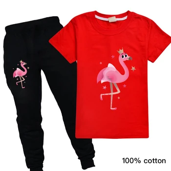 Harajuku Vaikams Drabužių Flamingo Spausdinti Mergina T Marškiniai ir Juodos Kelnės Berniukams, nuo 3 Iki 14 Metų, Mielas Atsitiktinis Merginos Boutique Komplektai