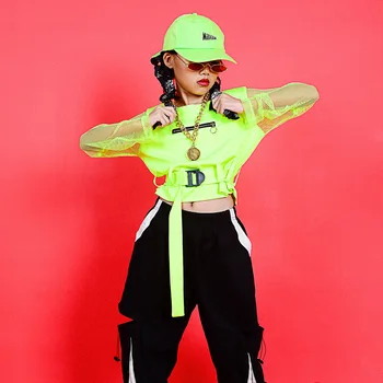 Merginos Džiazo Šokio Kostiumas Vaikų Gatvės Šokių Drabužių Fluorescencinė Žalia Viršų Hiphop Kelnes Šokių Hip-Hop Drabužių DQS3417