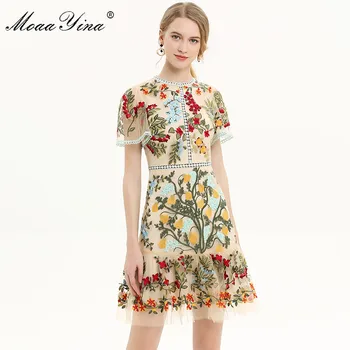 MoaaYina Mados kilimo ir tūpimo Tako suknelė Pavasario Vasaros Moterų Suknelė Blyksnius Rankovės Gėlių Siuvinėjimo Tinklelio, Plonas Elegantiškas Suknelės