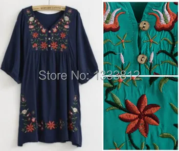 Vintage 70 Meksikos Etninės Gėlių SIUVINĖJIMŲ Suknelės moterims BOHO Hipių Atsitiktinis Suknelė Plius Dydis moterų drabužiai moterims, Vestidos