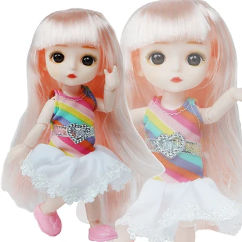 Mielas 16cm BJD Doll 13 Kilnojamojo Sujungta Nuogo Kūno Rožinė Plaukų Spalvingų Nėrinių Mini Suknelė + Mielas Batai Lėlės Priedai Vaikas Žaislas