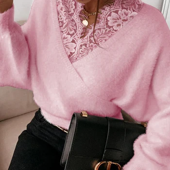 Moterų Mados Atsitiktinis ilgomis Rankovėmis Puloveriai Viršuje Trumpas Jaukus Nėrinių Dizaino Džemperis Moterims šiltas Pūkuotas Viršūnės