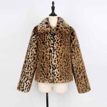 Moterų Šiltas, Minkštas Dirbtiniais Kailių Paltai, Leopardas spausdinimui Žiemos viršutinių drabužių siuvimas Prabangus Elegantiškas Paltas Atvartas Slim Fit Kailiniai Striukės, Paltai Mujer шуба
