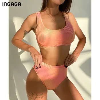 INGAGA Push Up Bikinis 2021 Moterų Maudymosi Aukšto Juosmens Biquini Seksualus Kaklaraištis dažų maudymosi Kostiumėliai, Aukštos Sumažinti Maudymosi Kostiumai Briaunoti Paplūdimio
