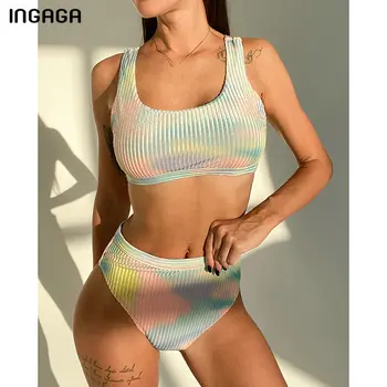 INGAGA Push Up Bikinis 2021 Moterų Maudymosi Aukšto Juosmens Biquini Seksualus Kaklaraištis dažų maudymosi Kostiumėliai, Aukštos Sumažinti Maudymosi Kostiumai Briaunoti Paplūdimio