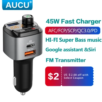 AUCU FM Siųstuvas Automobilių Greitas Įkroviklis QC3.0 PD automobilinis usb įkroviklis mp3 grotuvas Bass Soud 5.0 
