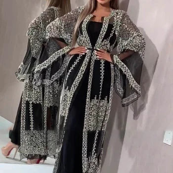 Dubajaus Musulmonų Suknelė Prabanga, Aukštos Klasės Blizgučiai Siuvinėjimas Nėrinių Ramadanas Kaftan Islamas Kimono Moterų Black Maxi Suknelė