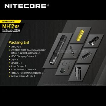 Naujos Kartos NITECORE MH12 V2 CREE XP-L2 V6 LED 1200 Liumenų 21700 Dual Kuro Multiuse Žibintuvėlis su 5000 mAh Baterija