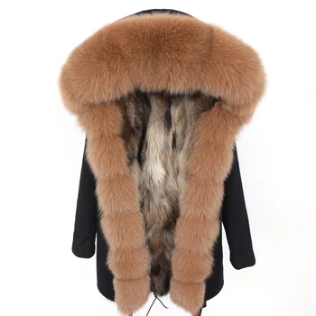 Maomaokong žiemos moteriškų drabužių Fox fur didelis kailių apykaklės Lydeka ilgai skyriuje Nuimamas storio meškėnas kailio pamušalas Parkas kailis