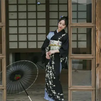 2019 retro Japonų Kimono Stiliaus yukata Mergina Rudenį juoda suknelė Moteriai gėlių spausdinti sudurti SELLWORLDER Ilga Suknelė su rankinės
