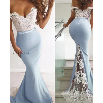 Elegantiškas, Mėtų Blue Undinė Prom Dresses Balta Nėrinių Grindų Ilgis Nuo Peties Žavinga Vakaro Šalis, Chalatai 2019 Chalatas De Soiree