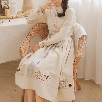 Japonijos Mori Mergina Pavasarį, Rudenį Moterims, Elegantiška Suknelė Vintage Ilgai Šalies Saldus Gėlių Suknelė Paukščių Siuvinėjimo Plisuotos Juosmens Suknelė