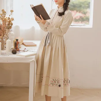 Japonijos Mori Mergina Pavasarį, Rudenį Moterims, Elegantiška Suknelė Vintage Ilgai Šalies Saldus Gėlių Suknelė Paukščių Siuvinėjimo Plisuotos Juosmens Suknelė