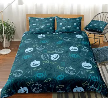 Laimingas Halloween Antklode Padengti Nustatyti Pumpki Skrybėlę Patalynės Komplektas Kaukolė Animacinių Filmų Lovos Nustatyti, Violetinė Mėlyna Helovinas Namų Tekstilės Mikropluošto