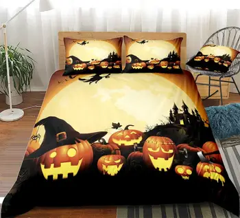 Laimingas Halloween Antklode Padengti Nustatyti Pumpki Skrybėlę Patalynės Komplektas Kaukolė Animacinių Filmų Lovos Nustatyti, Violetinė Mėlyna Helovinas Namų Tekstilės Mikropluošto