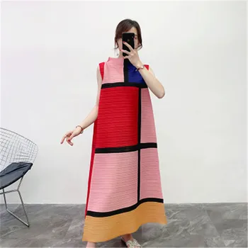 Moterų suknelė Miyake kartus spalvų suknelė 2020 metų vasaros naują prarasti dydį, spalvų suknelė ilga moteriška suknelė