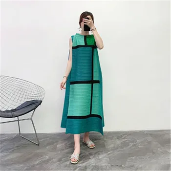 Moterų suknelė Miyake kartus spalvų suknelė 2020 metų vasaros naują prarasti dydį, spalvų suknelė ilga moteriška suknelė