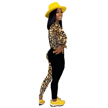 Leopard Print 2 Gabalas Komplektai Moterų, O Kaklo Long Sleeve T Shirt ir Fitneso Kelnės Sweatsuits Atsitiktinis Spalvos Bloką Atitikimo Rinkinys