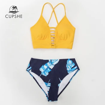 CUPSHE Geltona Gėlių Bikini Rinkiniai, Sexy Nėrinių Bakas Vidurio juosmens Moterų maudymosi kostiumėlį Dviejų dalių maudymosi Kostiumėliai, 2021 Naujas Paplūdimio Maudymosi Kostiumai