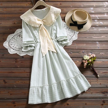 2019 Naujas Moterų Suknelė Cute Suknelė Vintage Cotton Įvarstyti Atsitiktinis Palaidų Vestidos Mujer Elegantiškas Preppy Mori Mergina Dress Rudenį Moteris