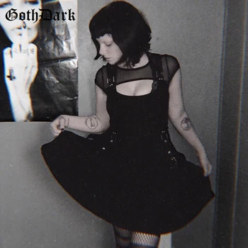 Goth Tamsiai Vintage Gothic Punk Suknelės Grunge Harajuku Estetinės Rudenį 2020 Akių Tvarstis Šalis Mini Suknelė Skylę Backless