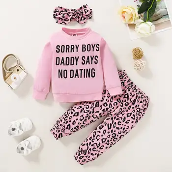 Bamblys Vaikai Komplektus Rudenį Baby Girl Drabužiai Nemokamas Pristatymas Pink Tėtis Sako, Ne, Pažintys Viršuje + Leopard Kelnės Su Lankelis 2VNT Rinkiniai