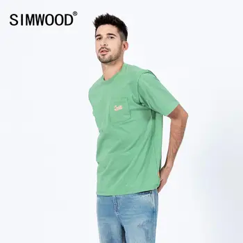 SIMWOOD 2020 krūtinės kišenėje t-shirt vyrai mada pavasarį, vasarą naujų siuvinėjimas logotipas medvilnė slim fit viršūnes mados tees SJ120012
