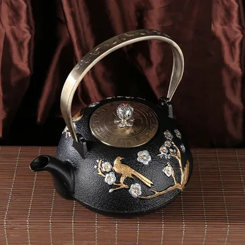 Japonų Stiliaus Ketaus Arbatinukas Nepadengtas Rankų Darbo Retro Pušis Slyvų Žiedų Juoda Subtilus Dekoratyvinis Namų Arbata Priėmimo Virdulys