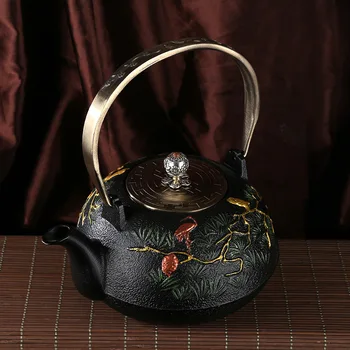 Japonų Stiliaus Ketaus Arbatinukas Nepadengtas Rankų Darbo Retro Pušis Slyvų Žiedų Juoda Subtilus Dekoratyvinis Namų Arbata Priėmimo Virdulys