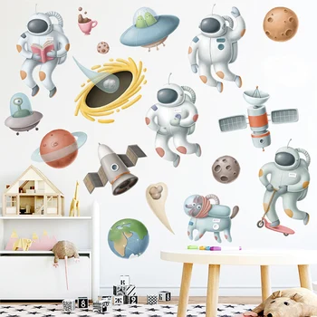6 Stilių Animacinių Filmų Kosmosą Astronautas Sienų Lipdukai Gyvenamasis Kambarys, Vaikų Kambarys Darželio Sienos Fone Dekoro Nuimamas Namų Puošybai