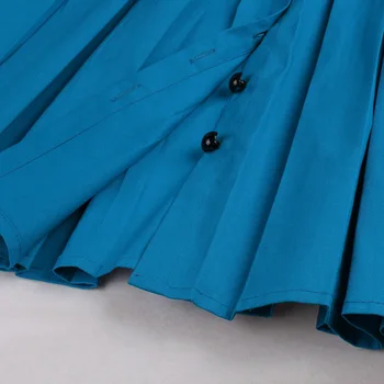 Tonval Blue Elegantiškas Įpjovomis Apykaklės Juostinės Didelės Juosmens Vintage Suknelė Moterims Single-Breasted Plisuotos Pinup Ponios Suknelės