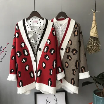 2020 M. Rudenį, Žiemą Megztinius Leopard Megztiniai Moterims Korėjos Storio Panelled Leopard Cardigan Kailis Purus Dryžuotas Outwear Viršūnės