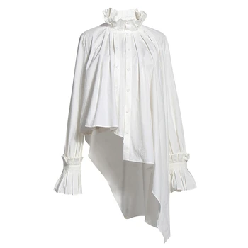 Prancūzijos Nesimetriškas marškinėliai moteriška dizaino prasme nišą 2020 m. pavasarį ir rudenį naujų ilgomis rankovėmis palace stiliaus plisuotos retro marškinėliai