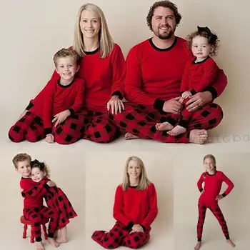 Kalėdų Šeimos Atitikimo Pižama Nustatyti Suaugusiųjų Vyrai Moterų Vaikai Raudonas Pledas Sleepwear Naujųjų Metų Tėvų-vaikų naktiniai drabužiai Šeimai Atrodo