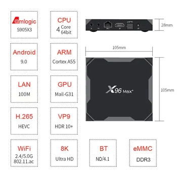 X96 MAX Plius S905X3 Quad-core TV BOX 8K SHV X96 MAX 4G 64GB 32GB 2.4 G/5G WIFI BT V4.1 LAN 100M USB3.0 Smart TV BOX X96 MAX Plus