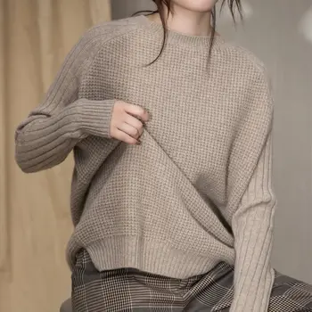 Atsitiktinis palaidų apvalios kaklo kašmyro megztinis moterų megztinis ilgomis rankovėmis megzti šiltas vilnos megztinis rudenį ir žiemą puloveris Pardavimas